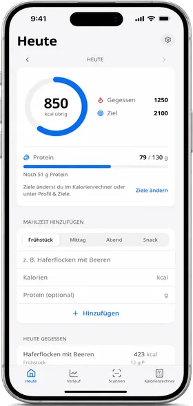 Heute-Ansicht der KuGT App mit Kalorien- und Protein-Übersicht