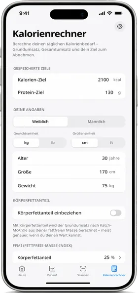 Kalorienrechner mit Grundumsatz, Körperfettanteil und FFMI