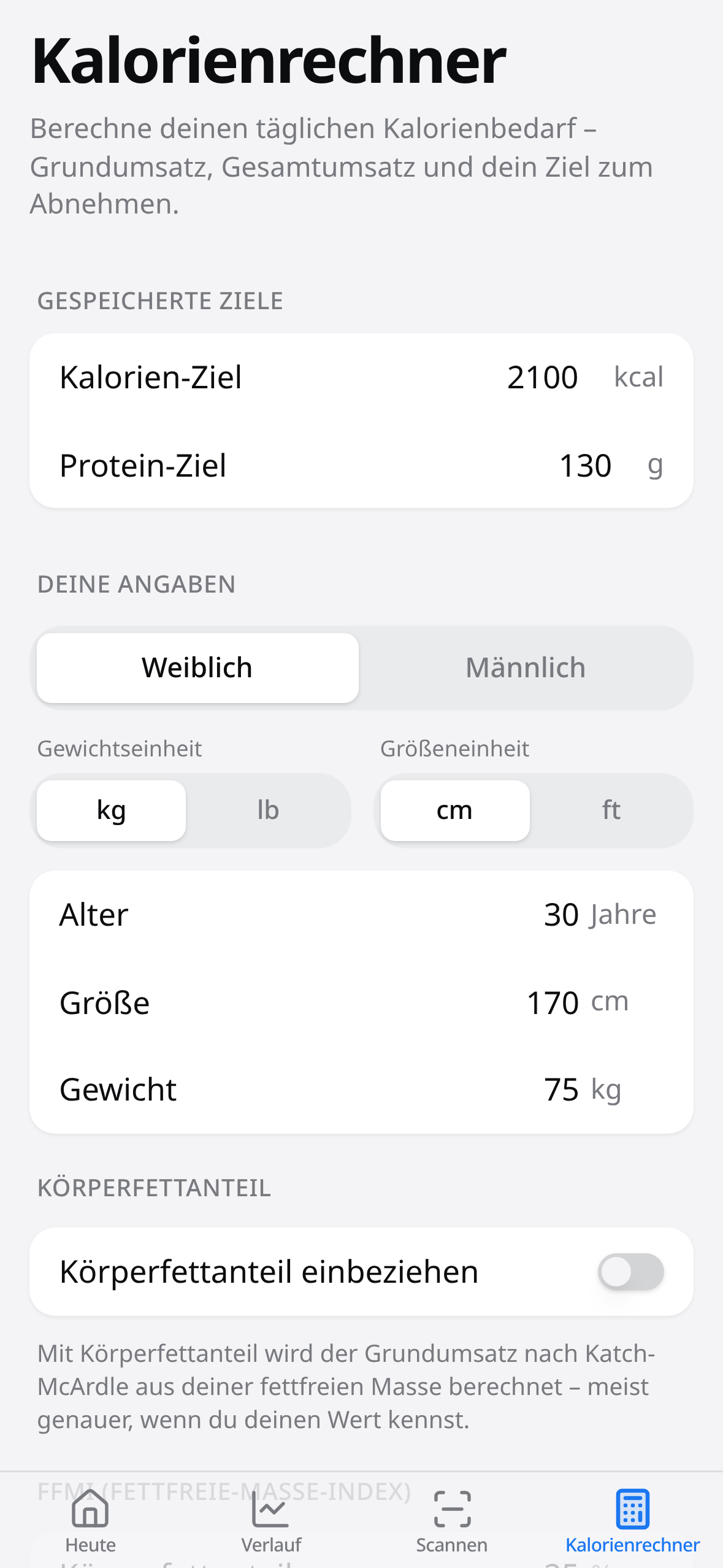 Kalorienrechner mit Grundumsatz, FFMI und Proteinbedarf