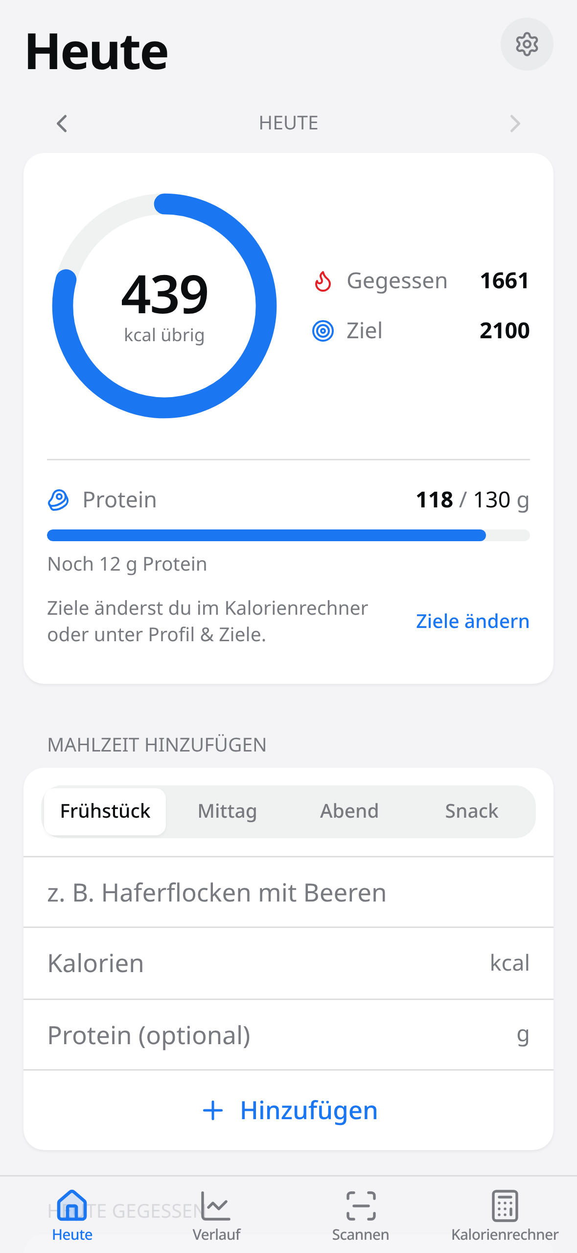 Startbildschirm der KuGT App mit Kalorien-Übersicht